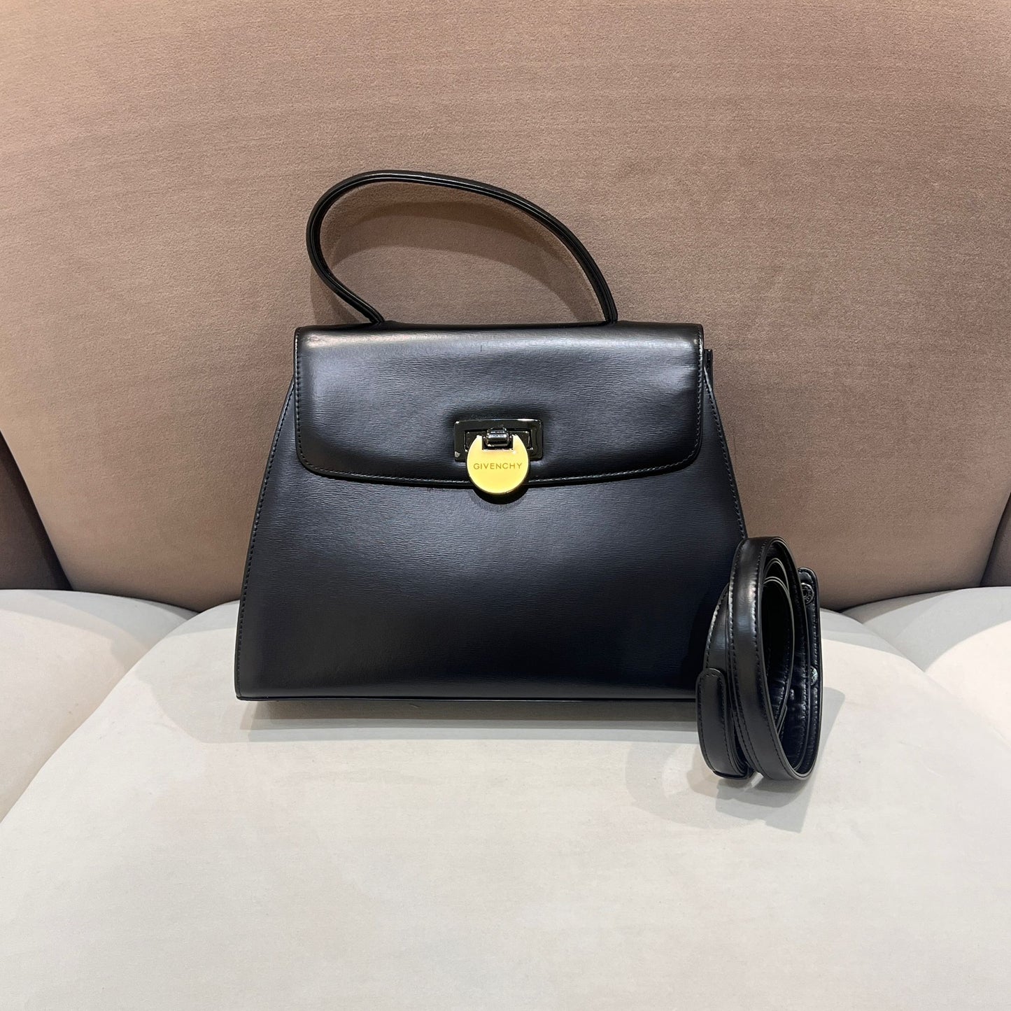 Givenchy Vintage Black Leather Wide Trapezoid Top Handle Clasp Handbag