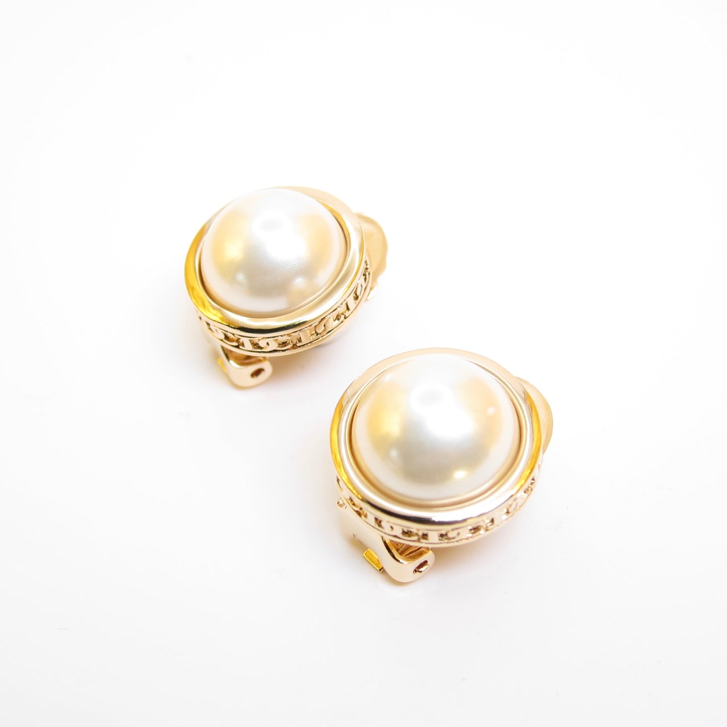 Christian Dior Vintage Round Shape Pearl Golden Clip-on Earrings
