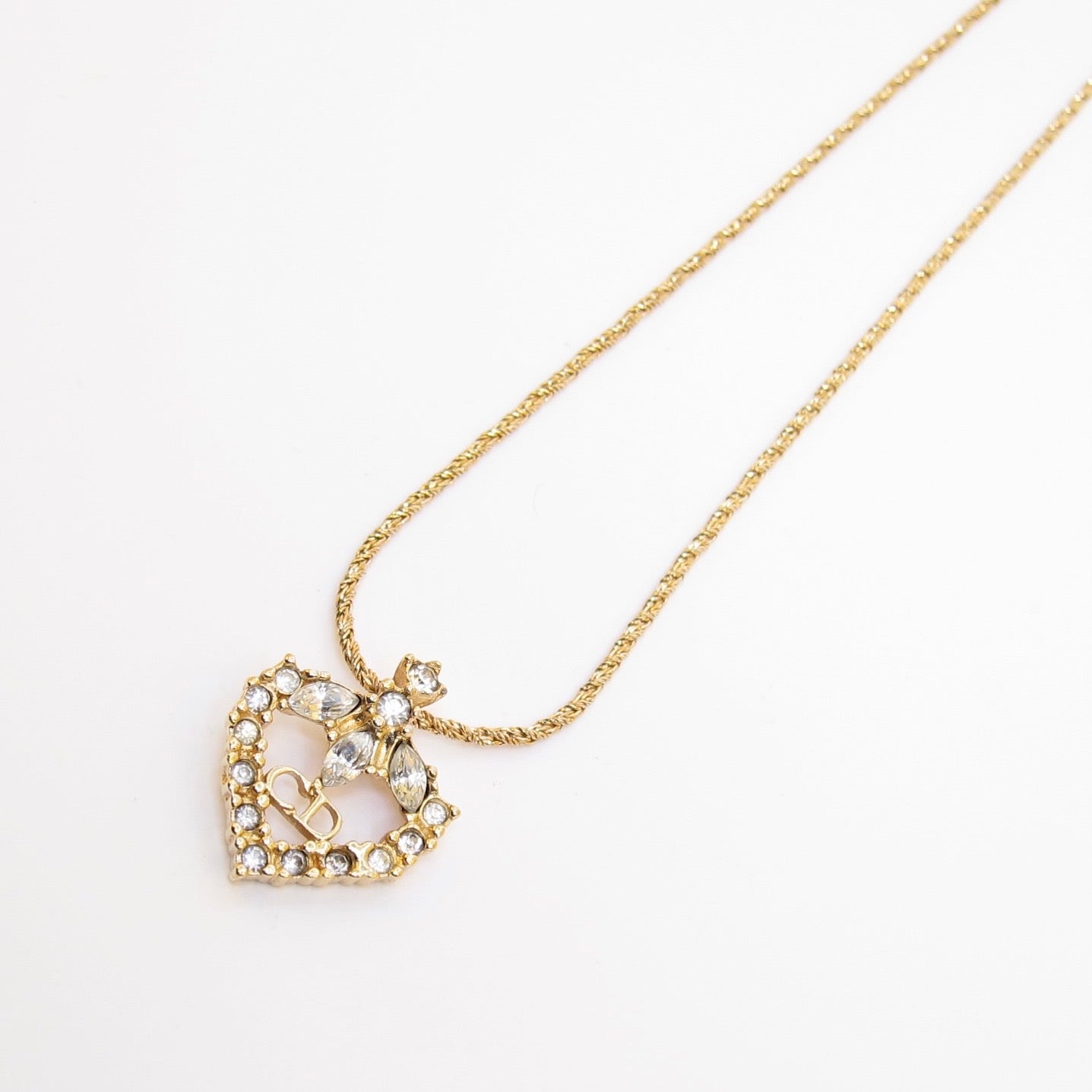Christian Dior Vintage CD Logo in Heart with Rhinestone Golden Necklace