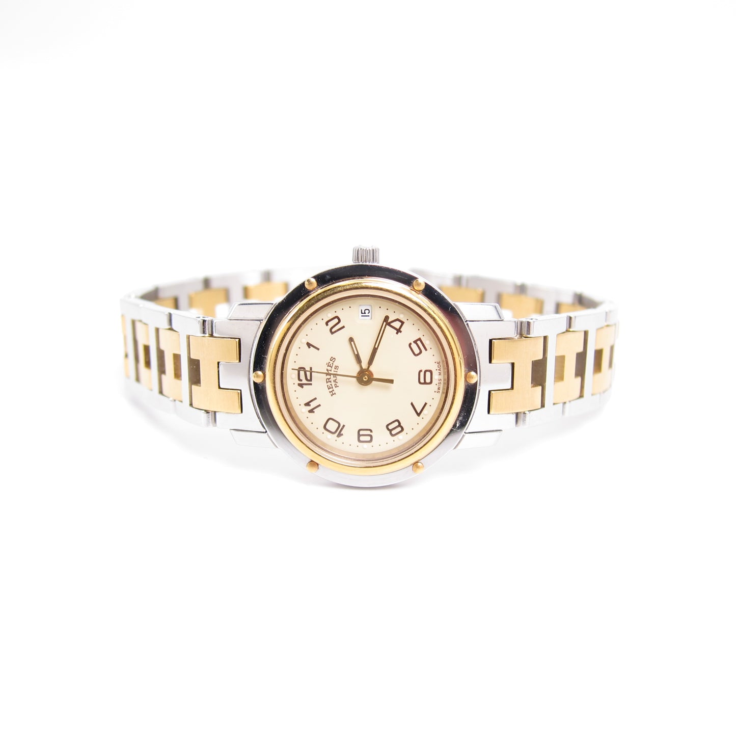 Hermes Vintage Clipper Ivory Dial with Date and H Bracelet Two Tone Watch