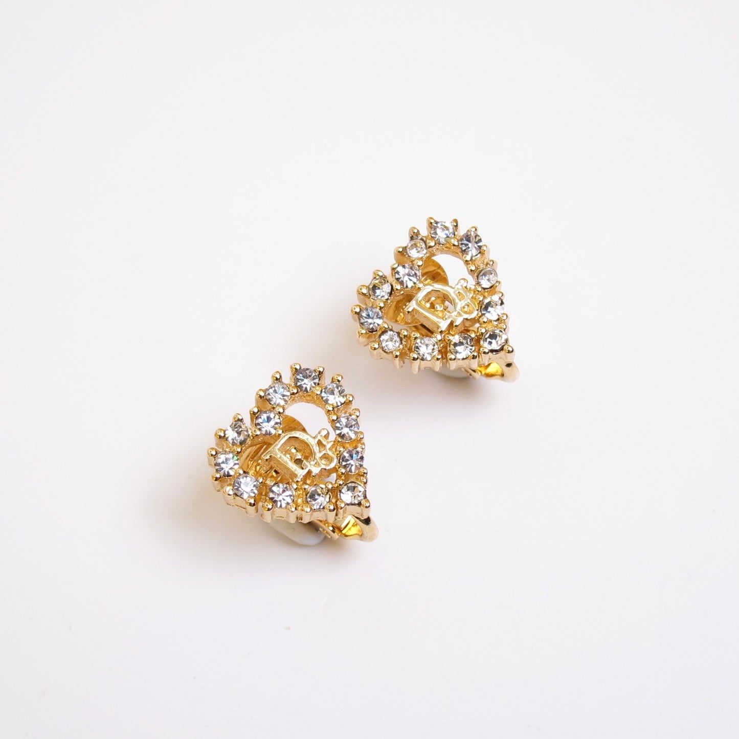 Christian Dior Vintage Dior Logo in Heart with Rhinestone Golden Clip-on Earrings