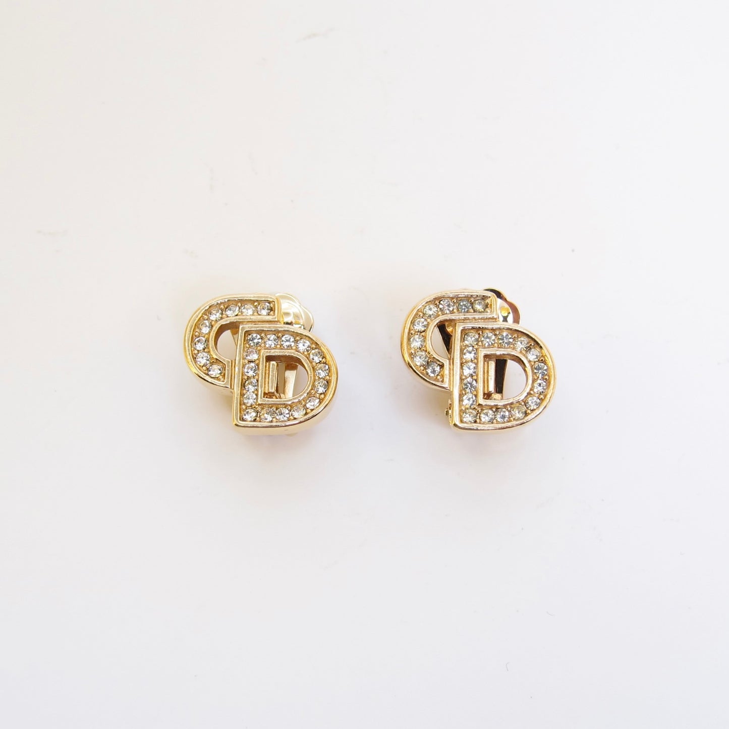 Christian Dior Vintage CD Logo with Rhinestone Golden Clip-on Earrings