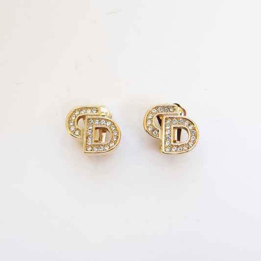 Christian Dior Vintage CD Logo with Rhinestone Golden Clip-on Earrings