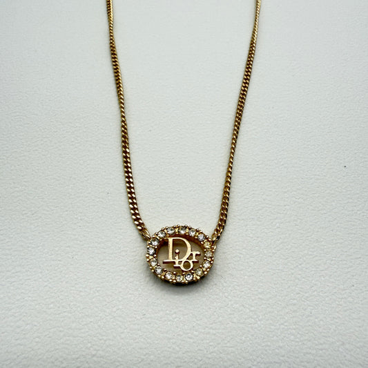 Christian Dior Vintage Dior Logo in Oval Shape with Rhinestone Golden Necklace