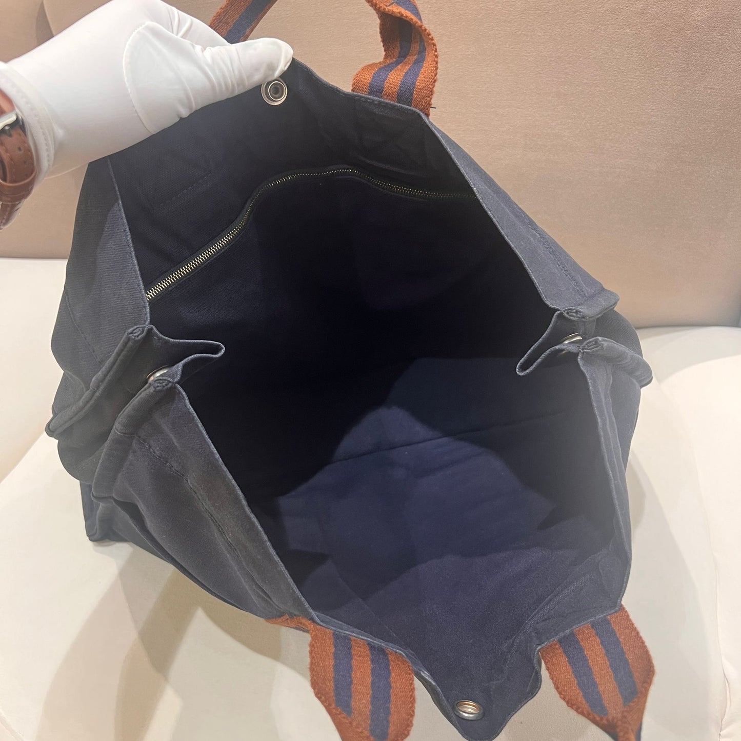 Hermès Vintage Fourre Tout Mm Navy Canvas Stripe Tote Bag
