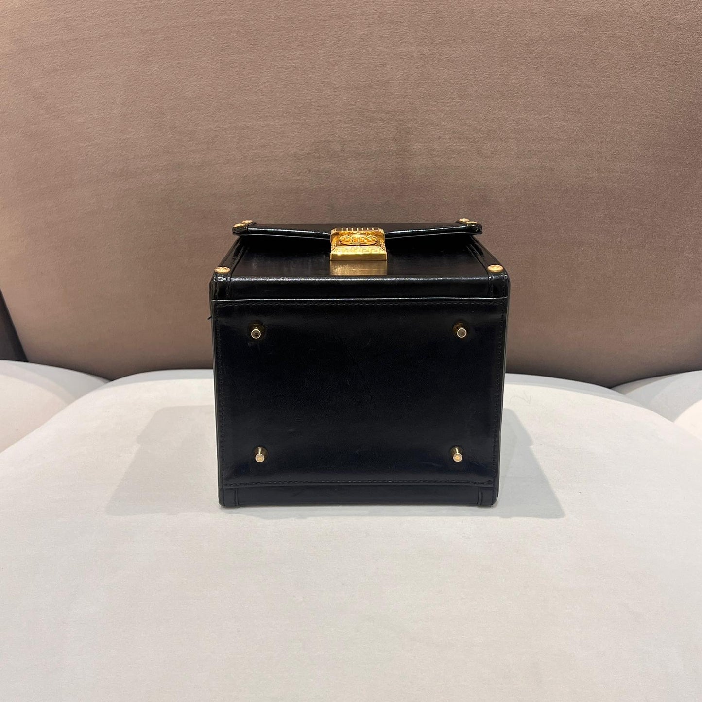 Versace Vintage Black Leather Medusa Vanity Handbag
