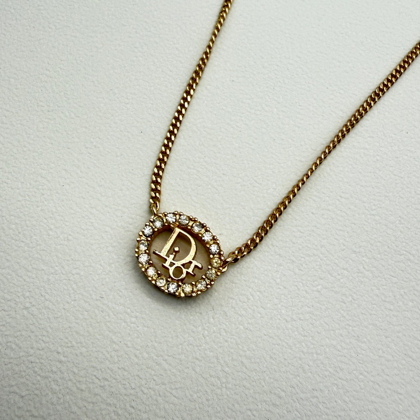 Christian Dior Vintage Dior Logo in Oval Shape with Rhinestone Golden Necklace
