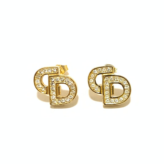 Christian Dior Vintage CD Logo with Rhinestone Golden Earrings