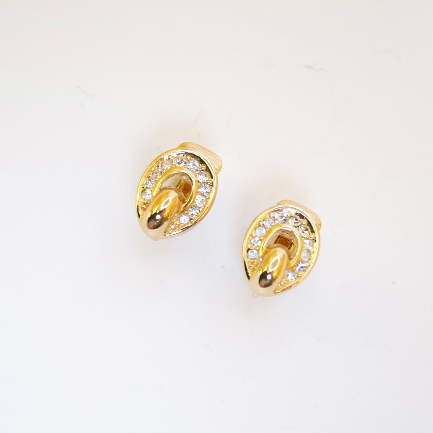 Christian Dior Vintage Oval Shaped with Rhinestone Golden Clip-on Earrings