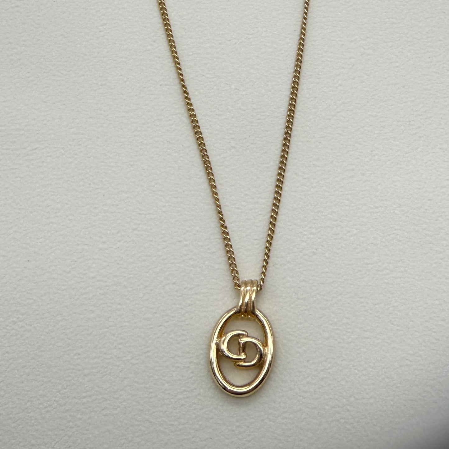Christian Dior Vintage CD Logo in Oval Shape Pendant Golden Necklace