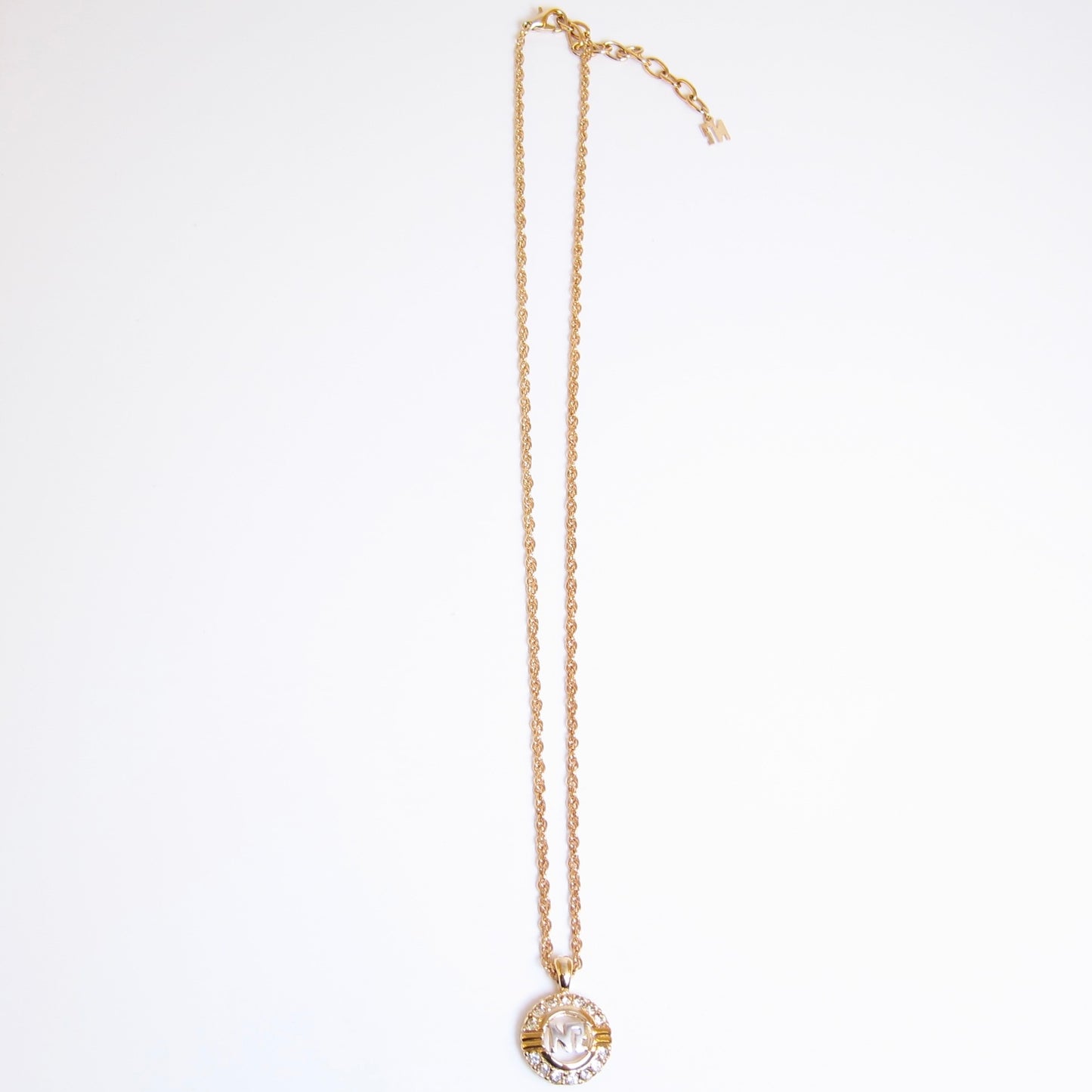 Nina Ricci Vintage NR Logo in Circle with Rhinestone Golden Necklace