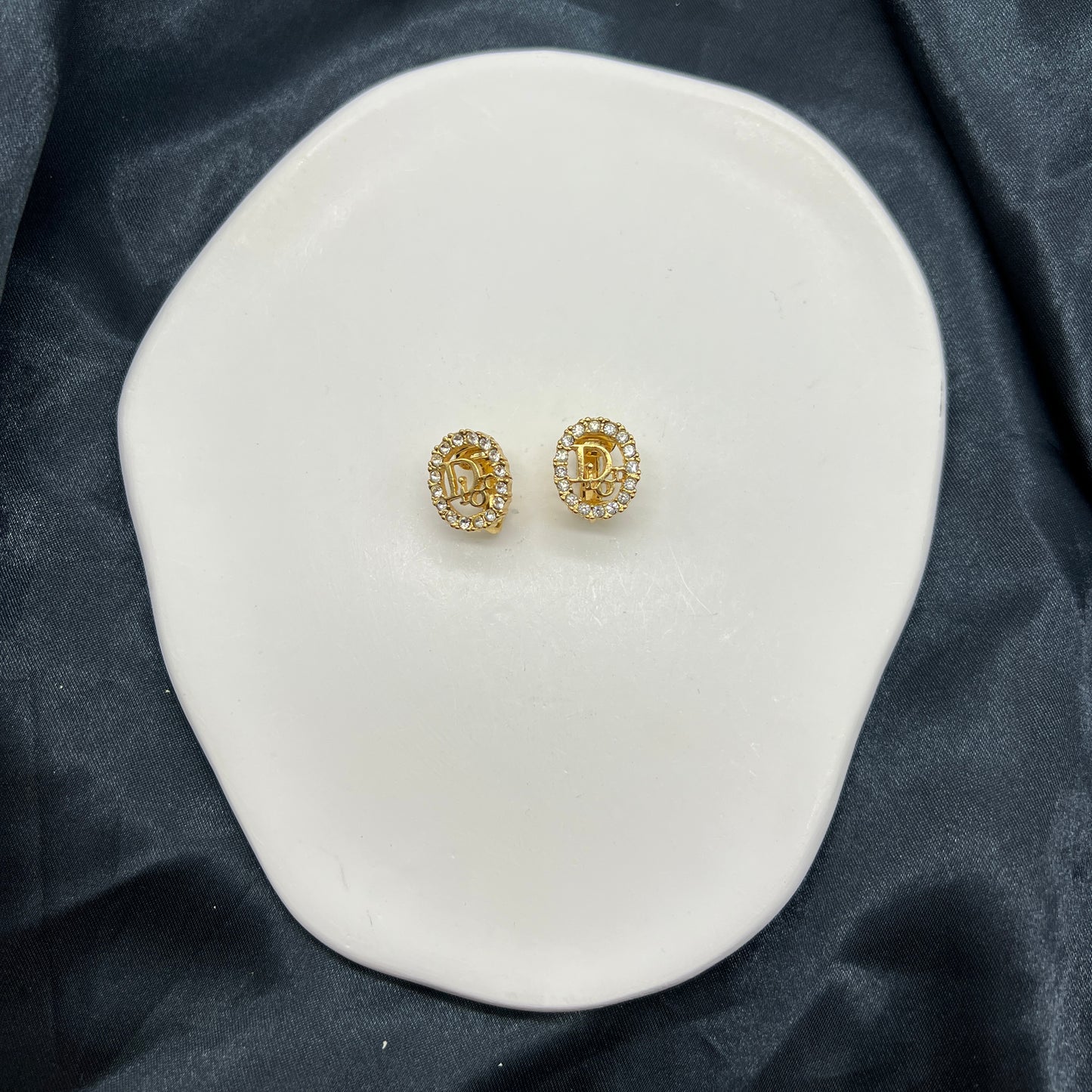 Christian Dior Vintage Rhinestone Golden Clip-On Earrings