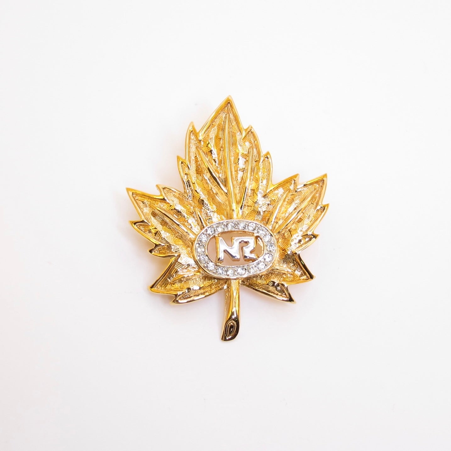 Nina Ricci Vintage NR Logo and Rhinestone Leaf Motif Golden Brooch