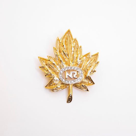 Nina Ricci Vintage NR Logo and Rhinestone Leaf Motif Golden Brooch