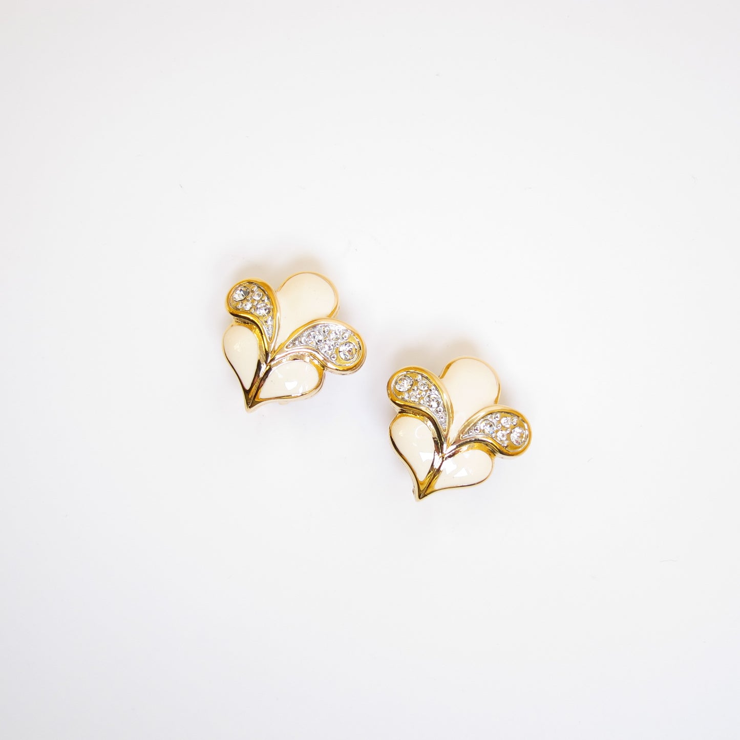 Nina Ricci Vintage White and Rhinestone Golden Clip-on Earrings