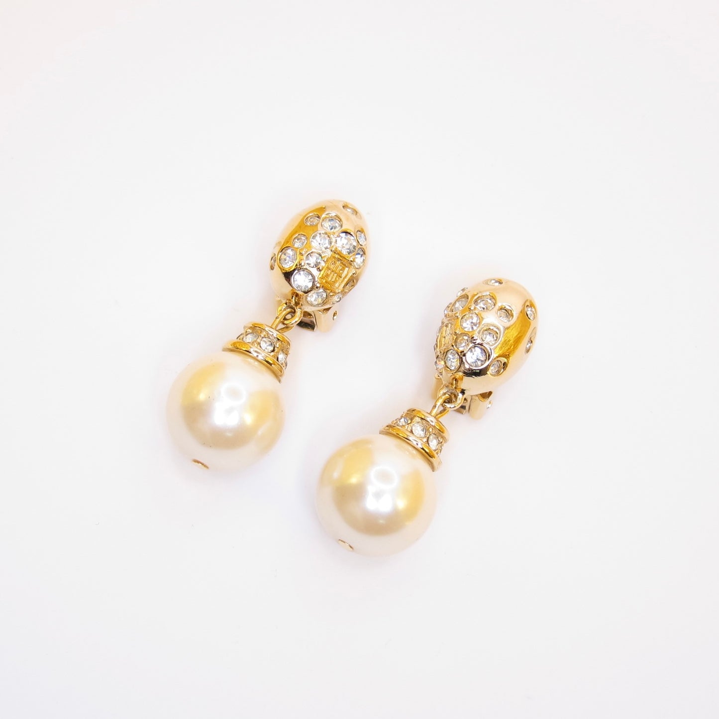 Givenchy Vintage 4G Logo Rhinestone and Pearl Golden Clip-on Earrings