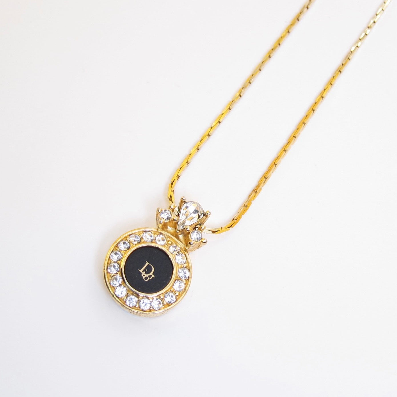 Christian Dior Vintage Dior Logo on Round Shaped Black and Rhinestone Golden Necklace