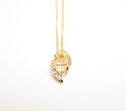 Christian Dior Vintage CD Logo and Rhinestone Golden Necklace