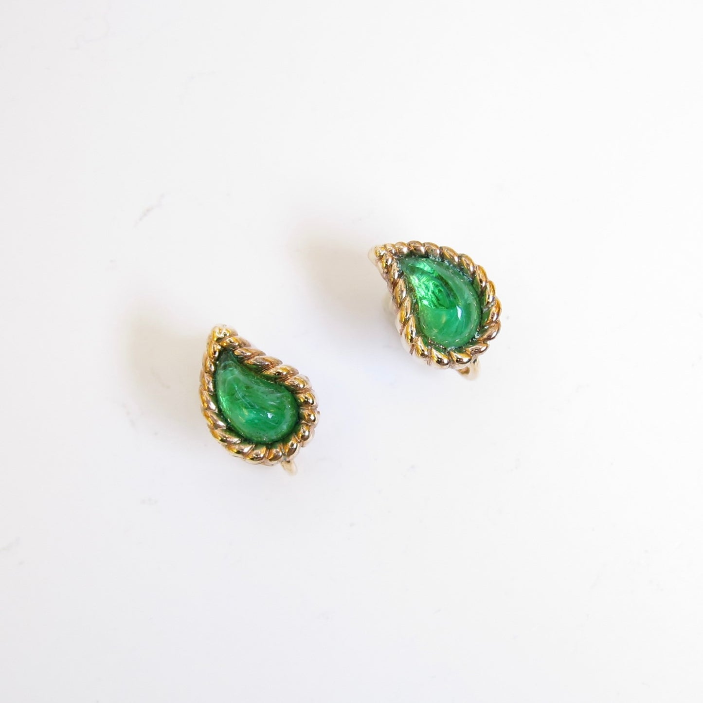 Christian Dior Vintage Pear Shaped Green Color Stone Golden Clip-on Earrings