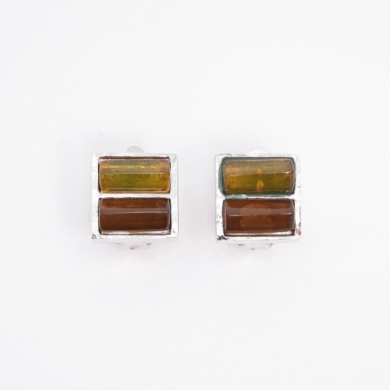 Givenchy Vintage Square Two Tone Color Stone Silver Clip-on Earrings
