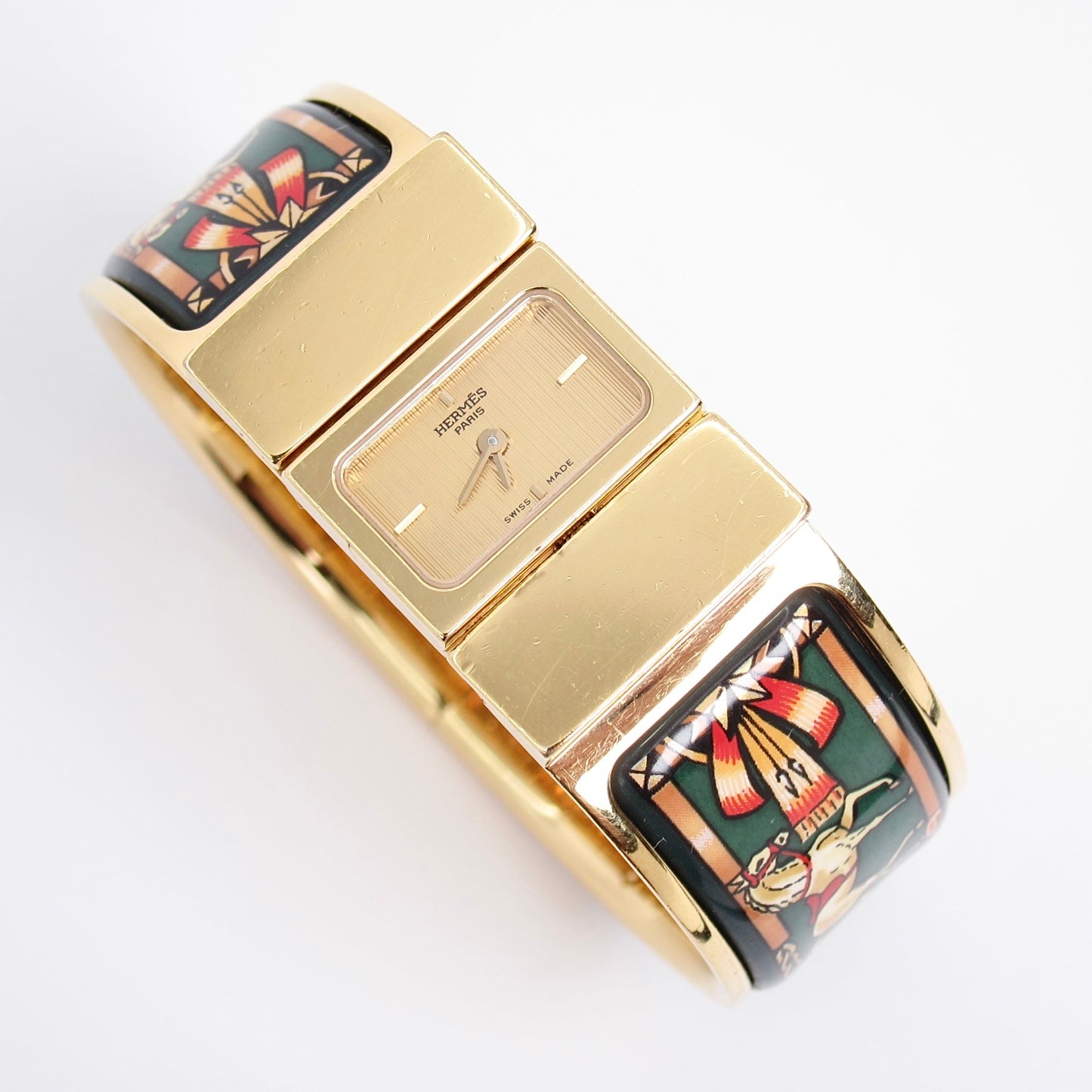 Hermes Vintage Loquet Golden Face Green Cloisonne Enamel Bangle Watch