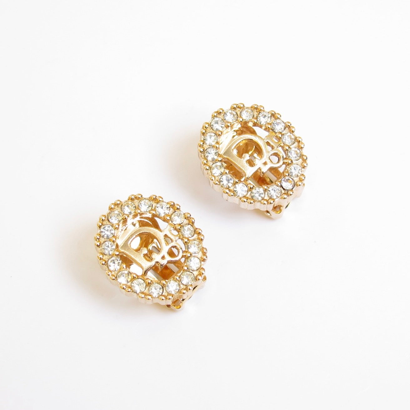 Christian Dior Vintage Dior Logo in Oval Shape with Rhinestone Golden Clip-on Earrings