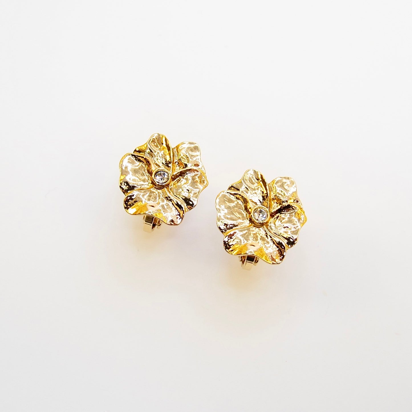 Yves Saint Laurent Vintage Flower Motif with Rhinestone Golden Clip-on Earrings