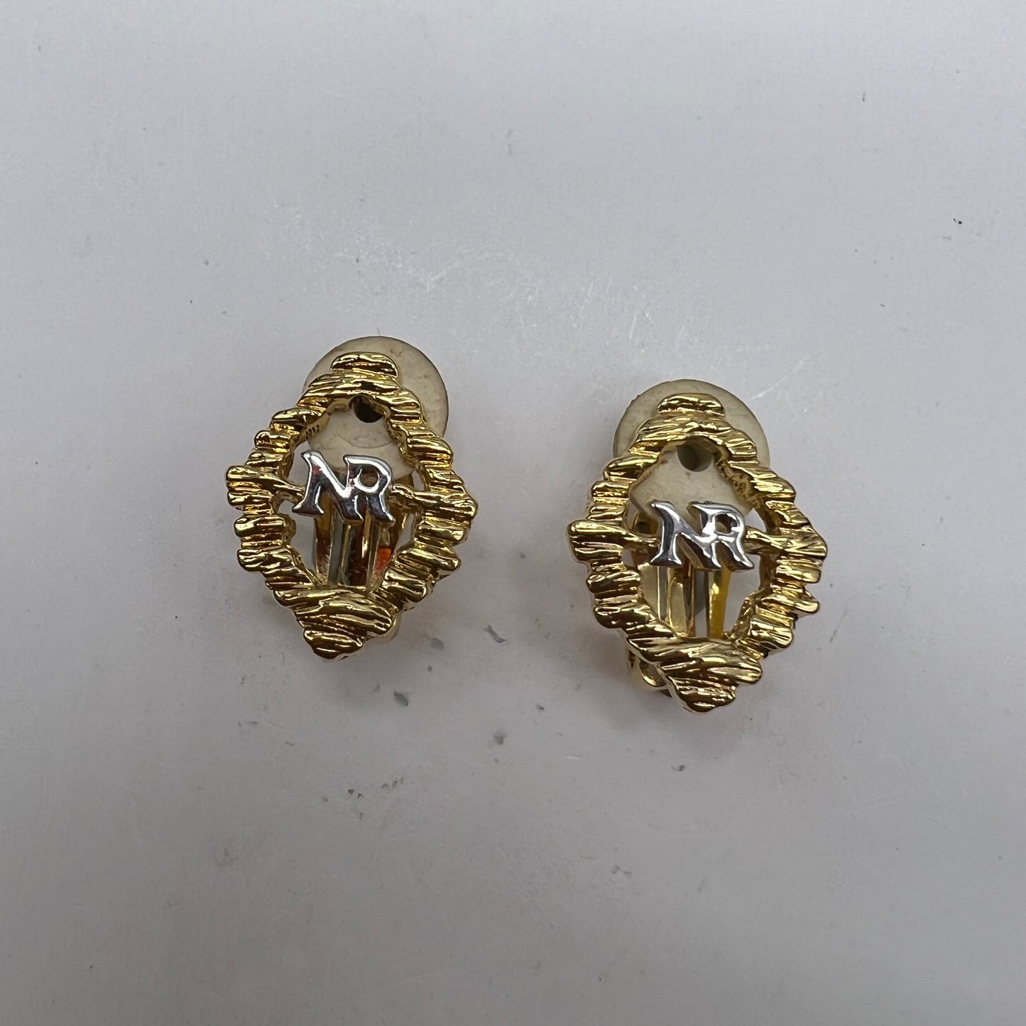 Nina Ricci Vintage Nr Logo Two Color Clip-On Earrings