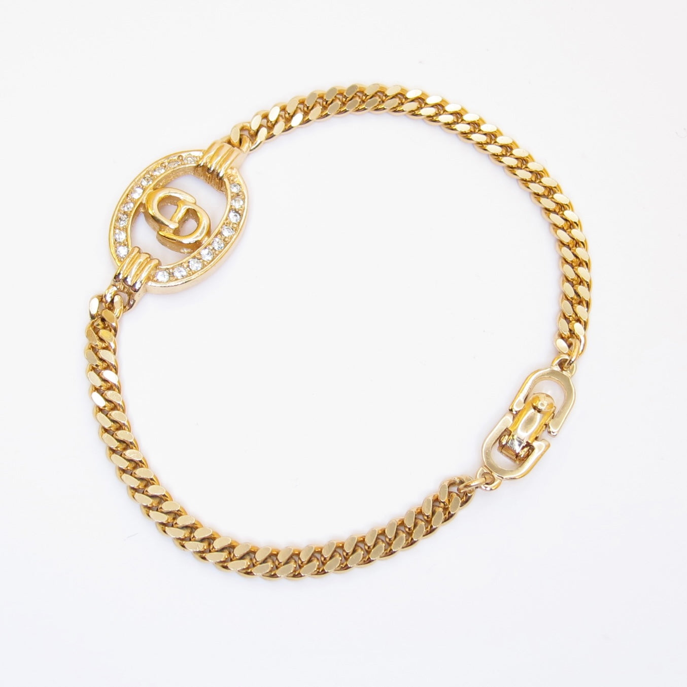 Christian Dior Vintage CD Logo in Oval Shaped with Rhinestone Golden Bracelet