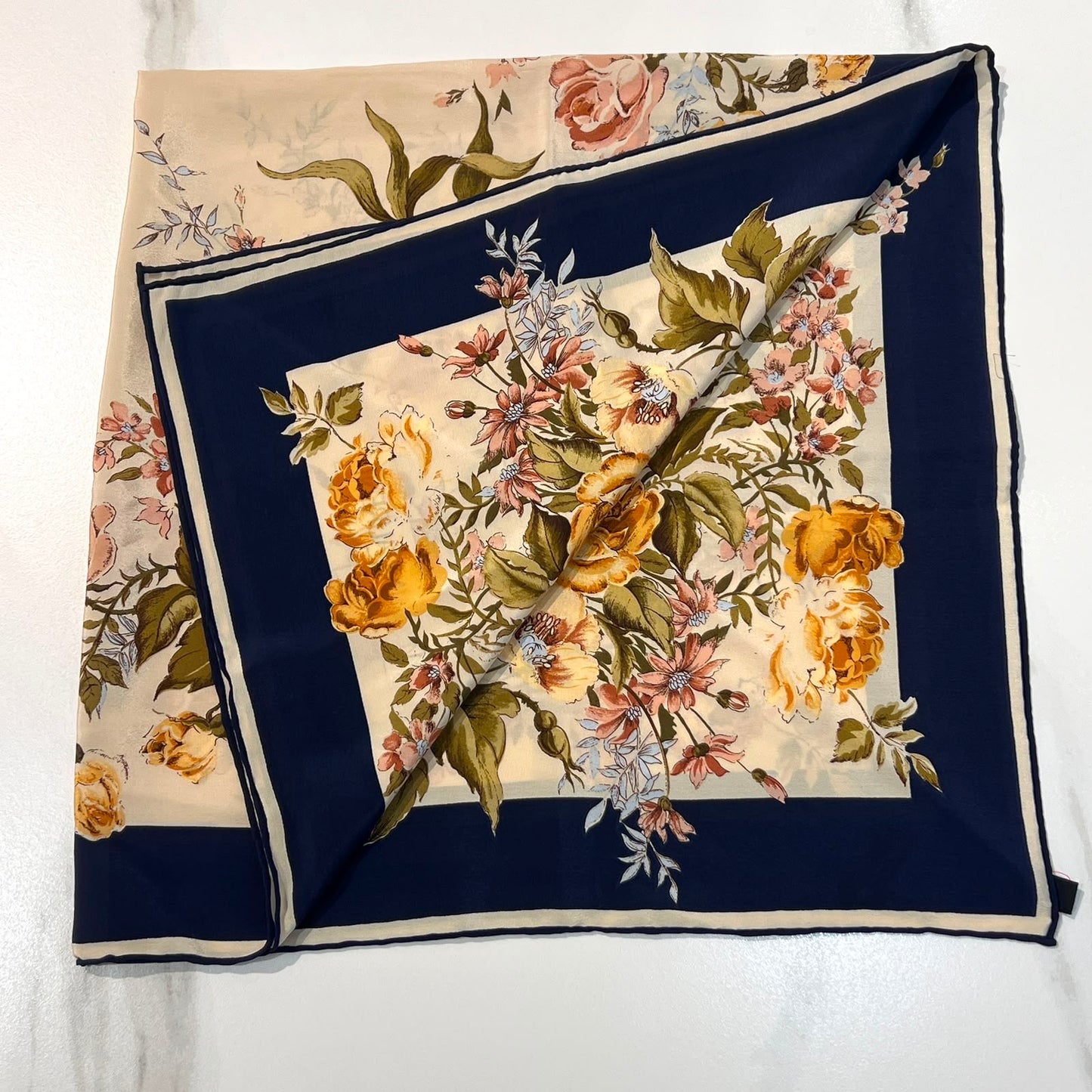 Yves Saint Laurent Vintage Floral Cream & Navy Silk Scarf