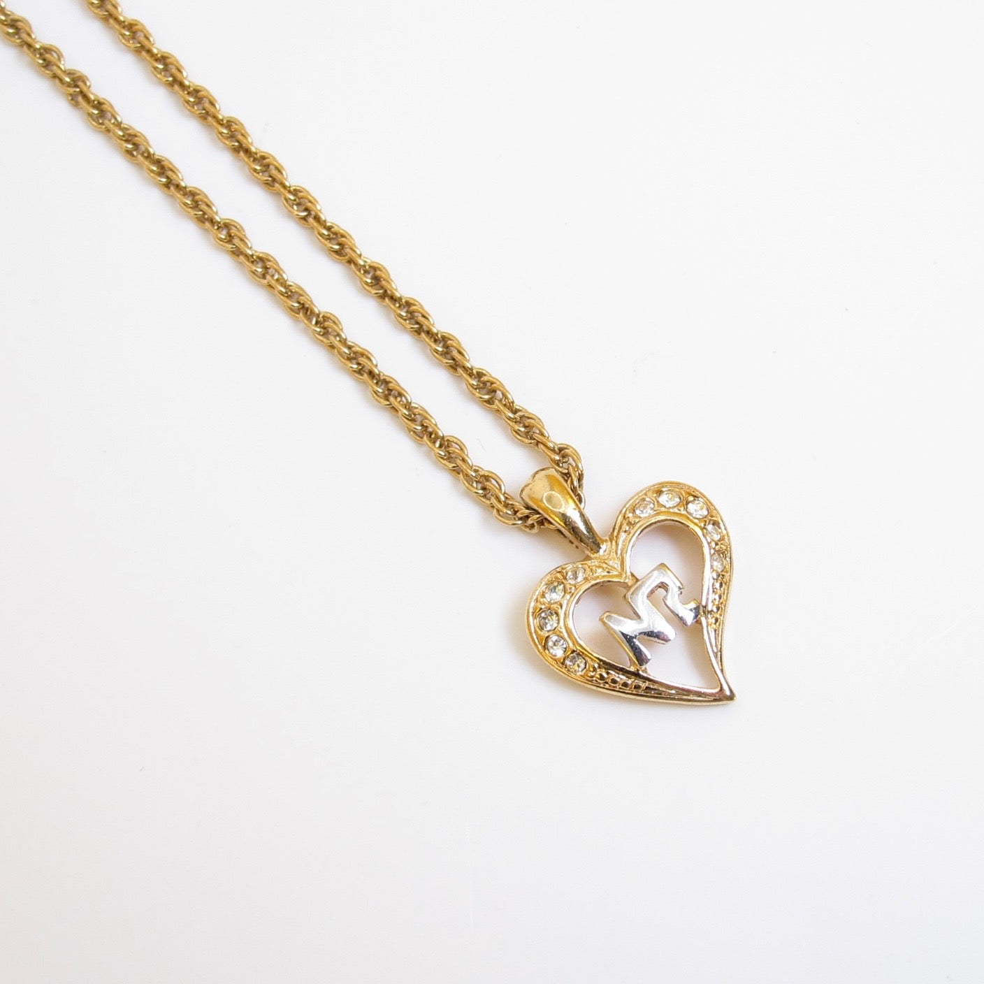 Nina Ricci Vintage NR Logo in Heart with Rhinestone Golden Necklace