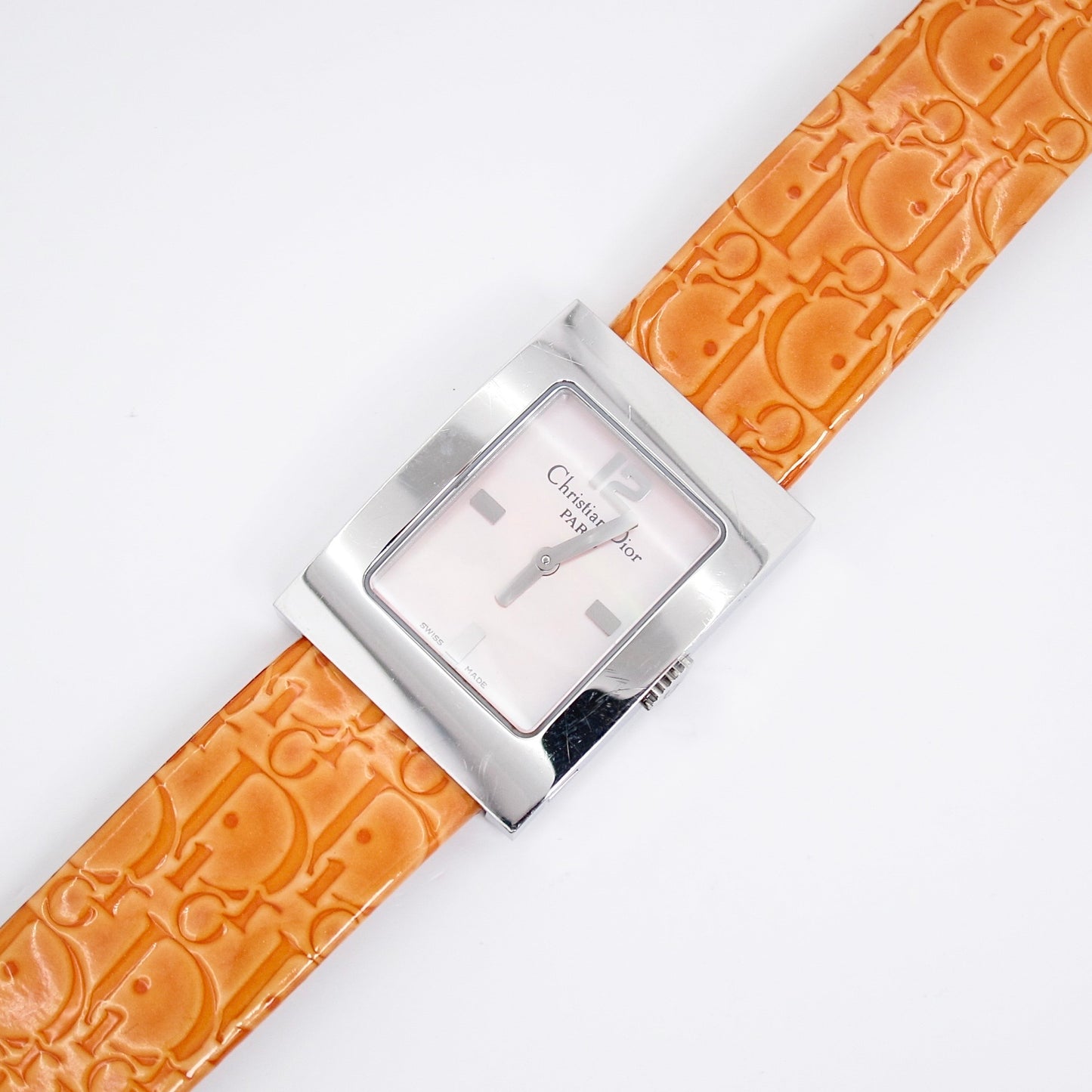 Christian Dior Vintage Malice Pink Shell Pearl Face with Orange Trotter Leather Strap Watch