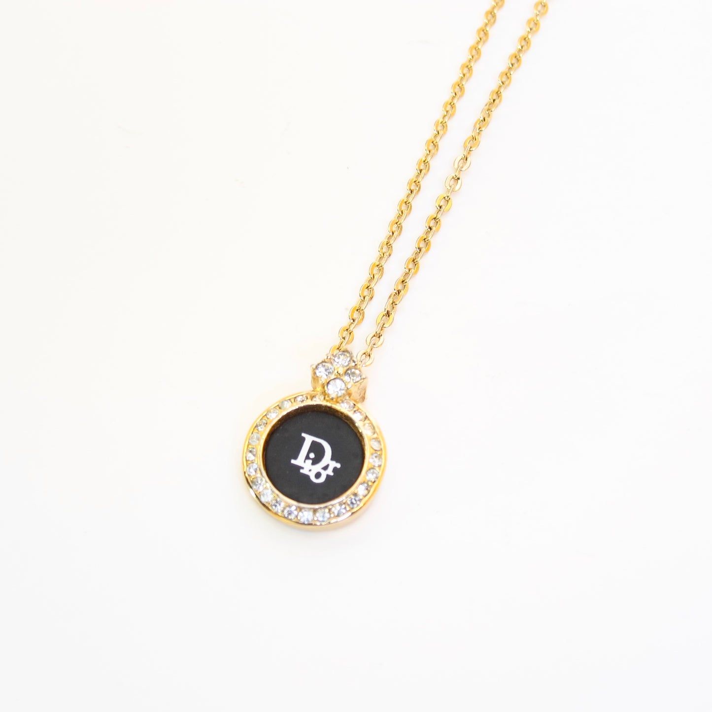 Christian Dior Vintage Dior Logo on Black Circle with Rhinestone Golden Necklace