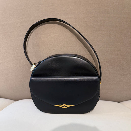 Cartier Vintage Sapphire Black Leather Round Shape Shoulder Bag