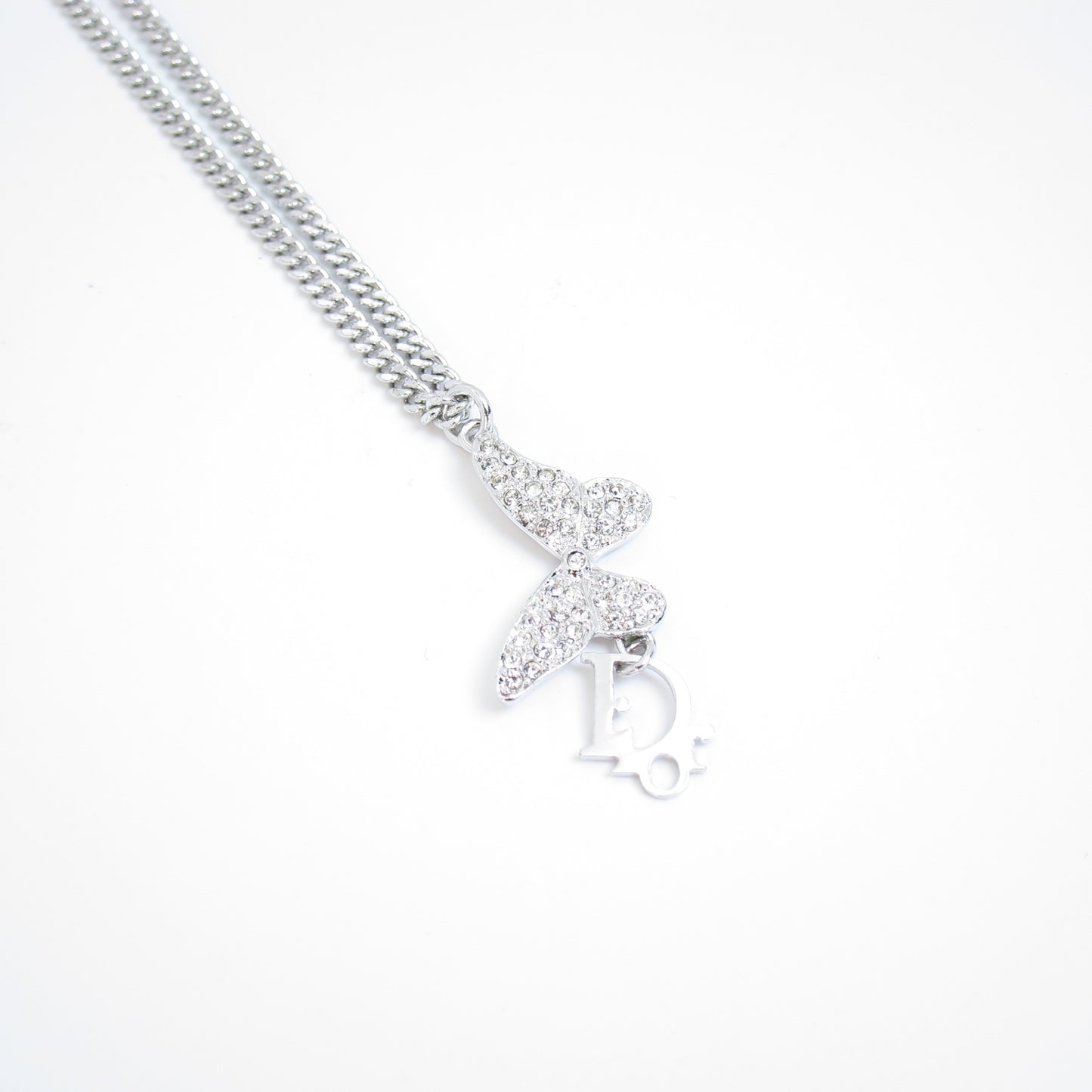 Christian Dior Vintage Dior Logo and Butterfly with Rhinestone Silver Necklace