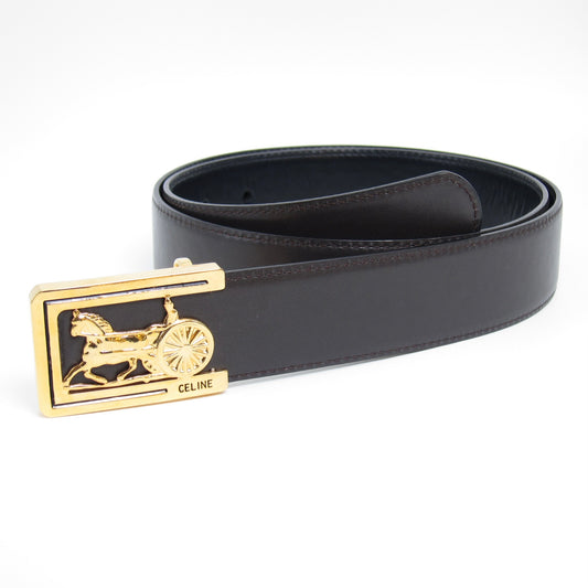 Celine Vintage Sulky Carriage Golden Buckle Dark Brown Leather Belt