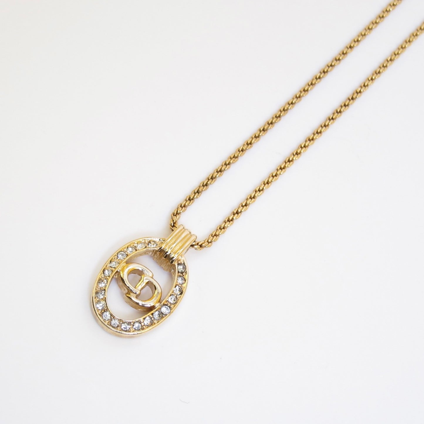 Christian Dior Vintage CD Logo in Oval Shaped with Rhinestone Golden Necklace