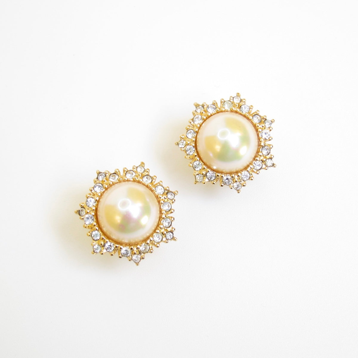 Christian Dior Vintage Faux Pearl Halo Gold-Tone Clip-On Earrings