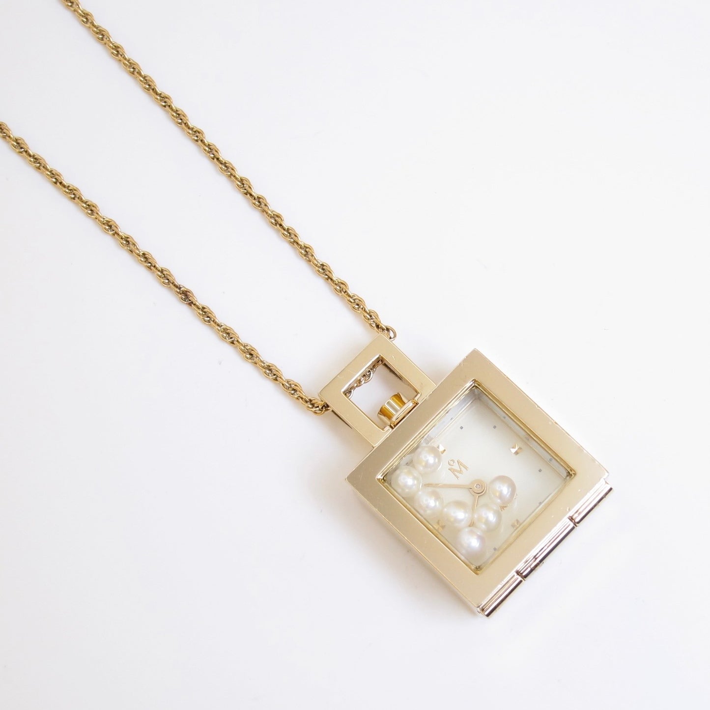 Mikimoto Vintage Square Ivory Face Golden Pendant Watch with Pearl Box and Necklace