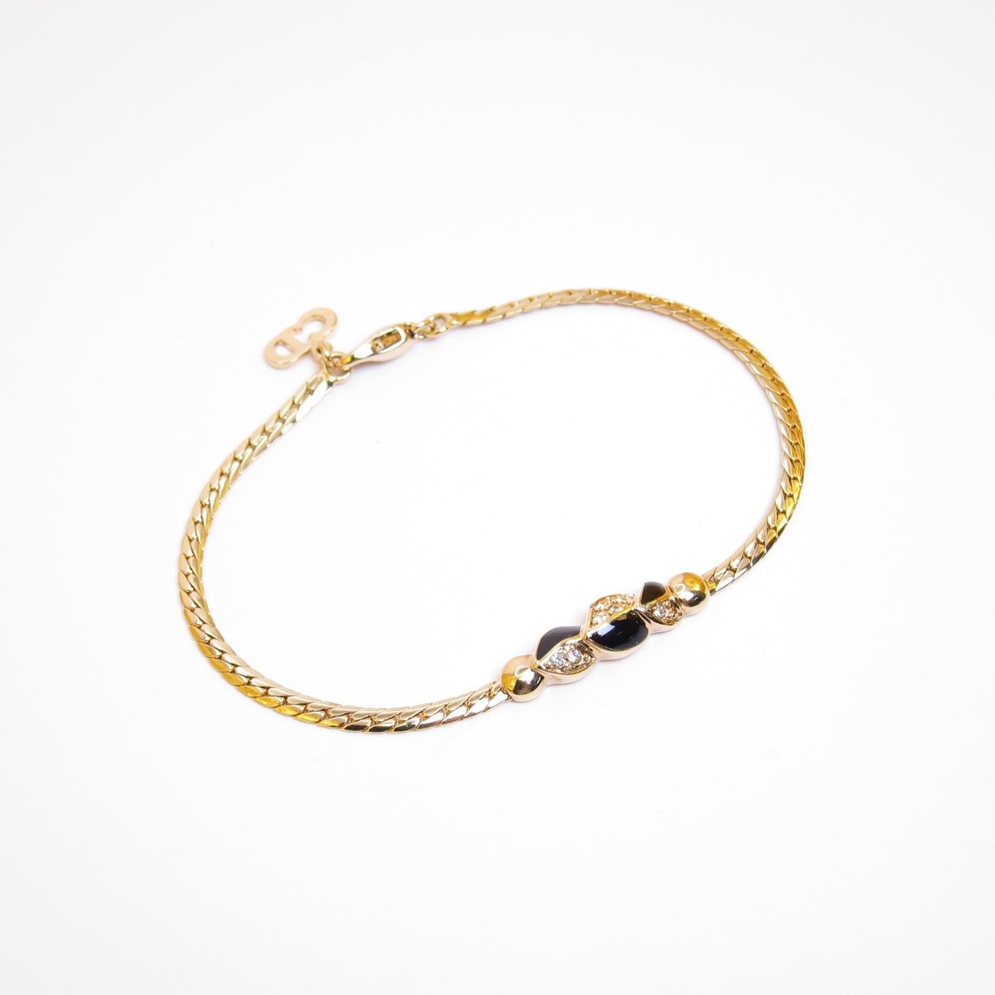 Christian Dior Vintage Stylish Black and Rhinestone Golden Bracelet