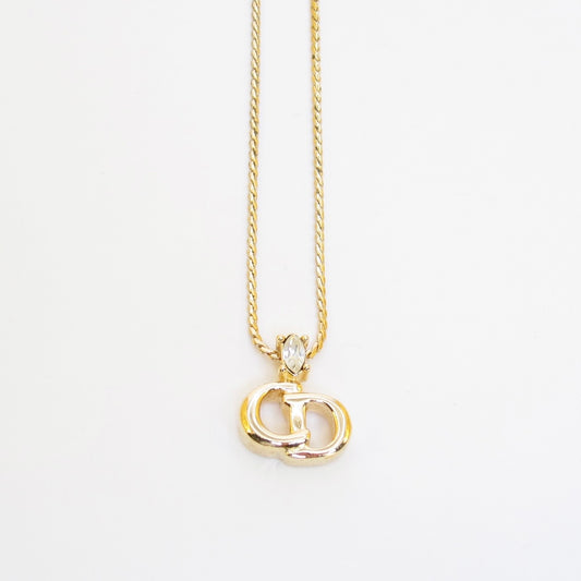 Christian Dior Vintage CD Logo and Rhinestone Golden Necklace