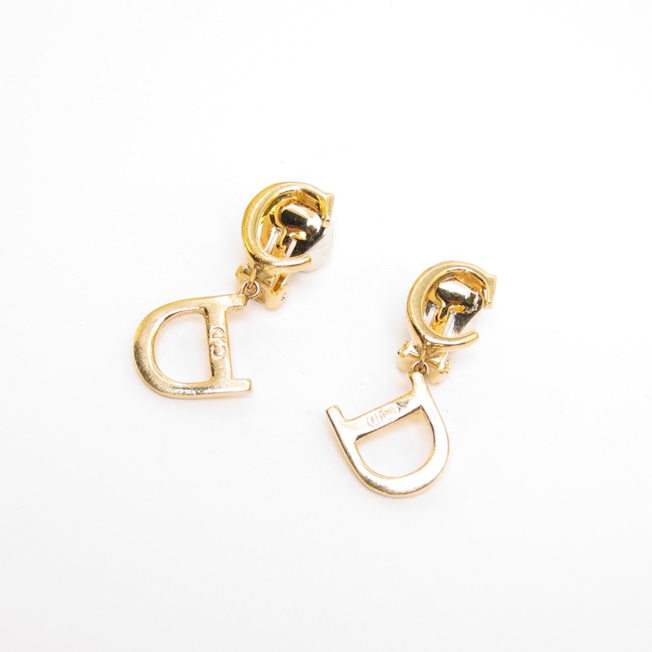 Christian Dior Vintage CD Logo Dangle Golden Clip-on Earrings