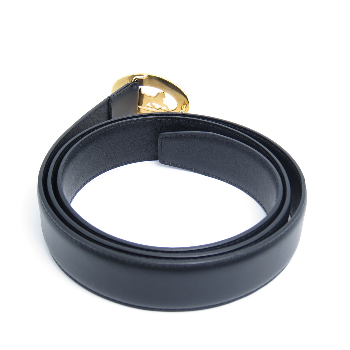 Celine Vintage Two Tone Oval Sulky Carrige Golden Buckle Black Leather Belt