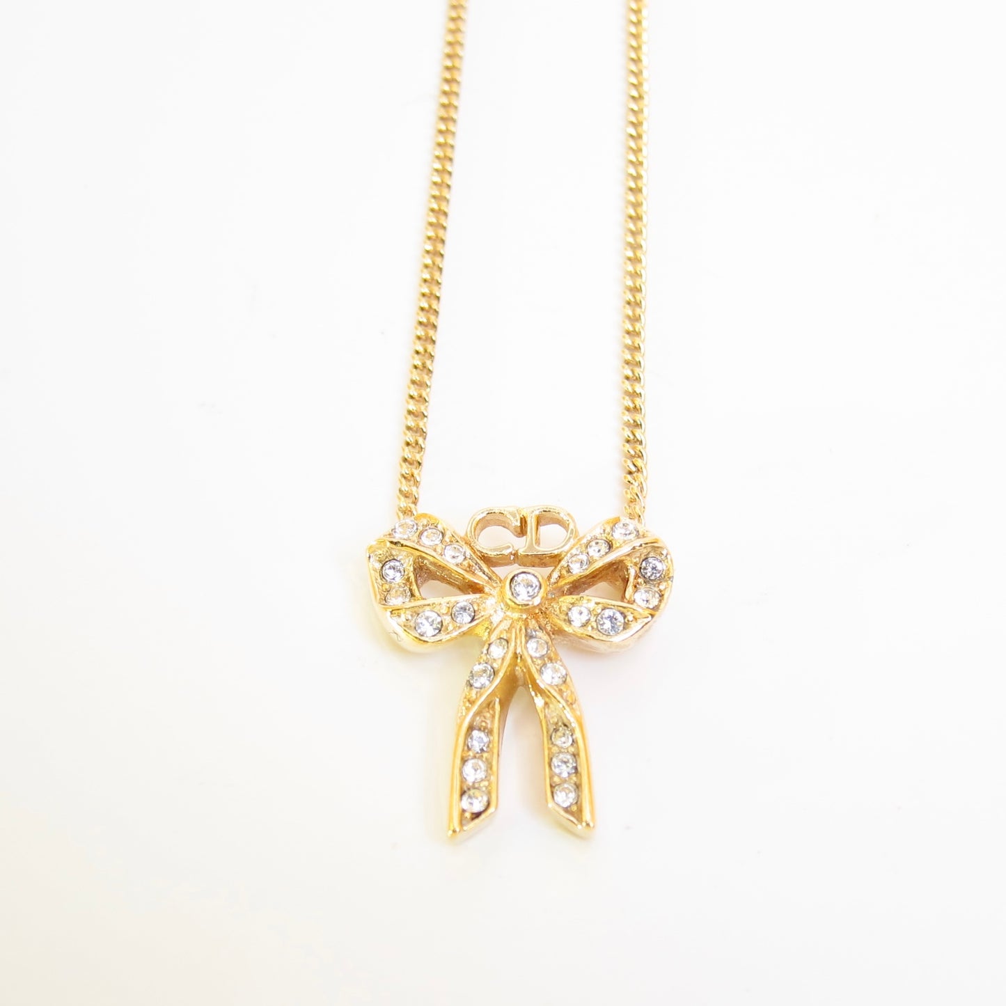 Christian Dior Vintage CD Logo and Ribbon with Rhinestone Golden Necklace