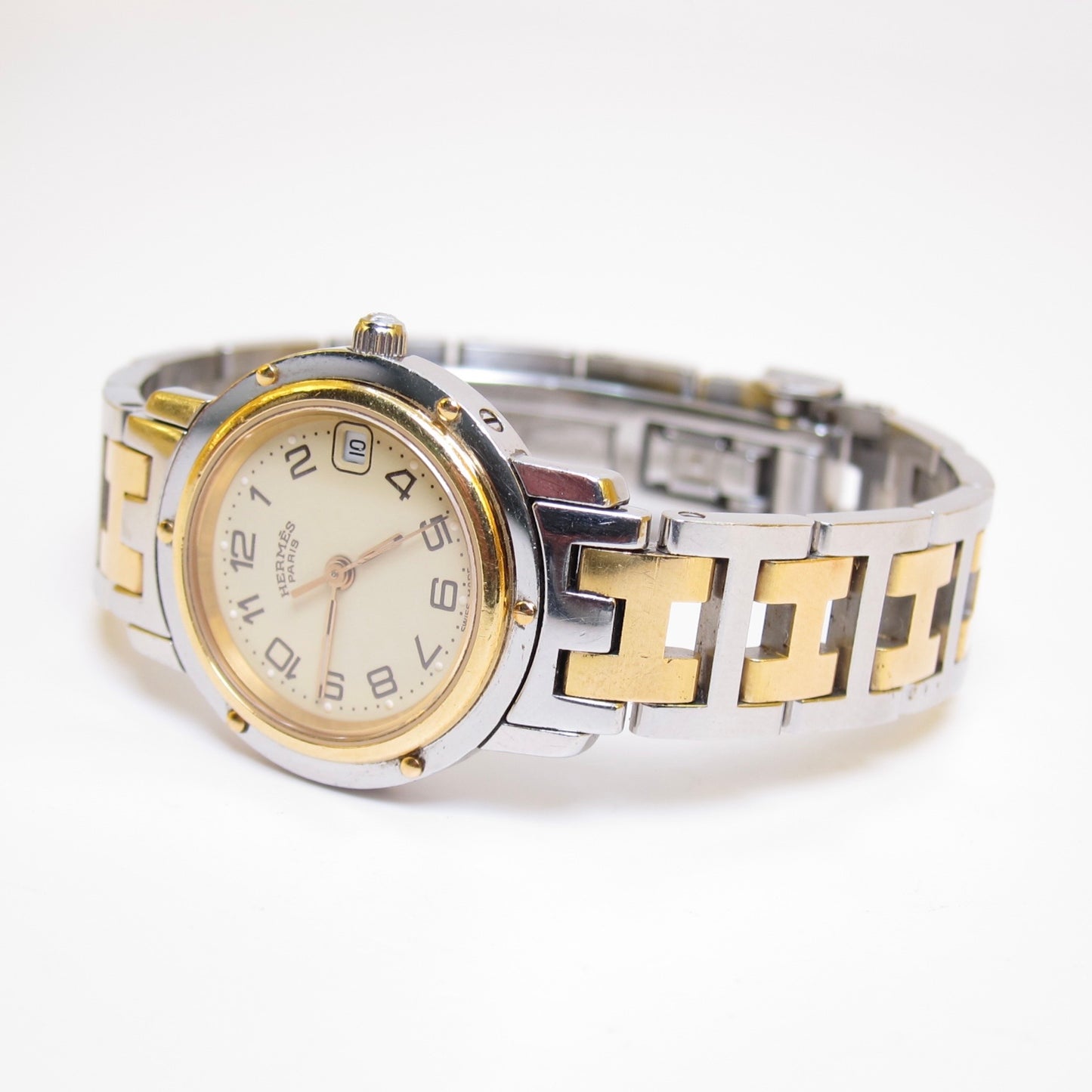 Hermes Vintage Clipper Ivory Face with Date and H Bracelet Two Tone Watch