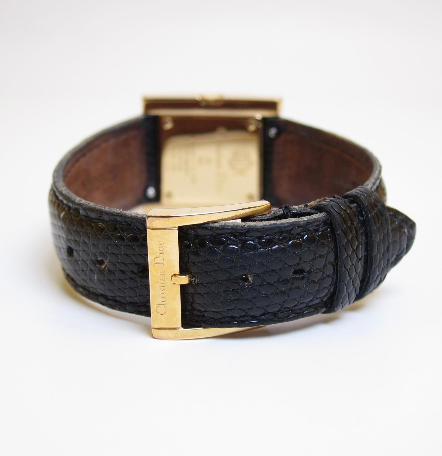 Christian Dior Vintage Cannage Square Black Face with Leather Strap Golden Watch