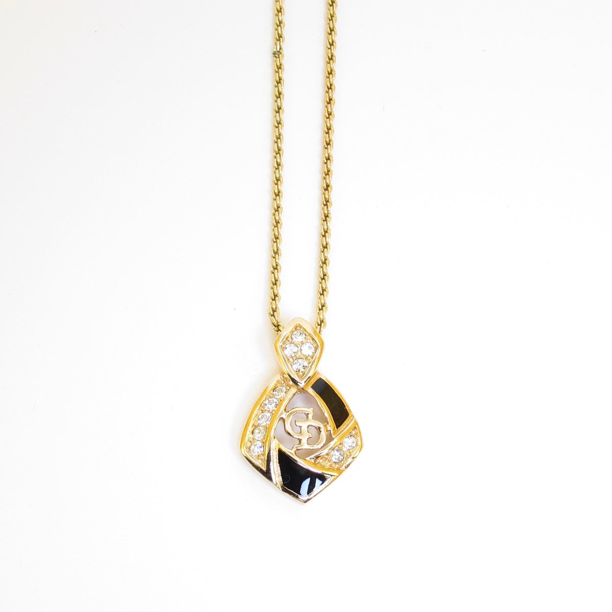 Christian Dior Vintage Black Enamel Diamond CD Logo Gold-Tone Necklace