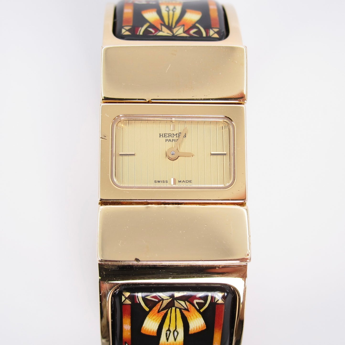 Hermes Vintage Loquet Golden Face Black Cloisonne Enamel Bangle Watch