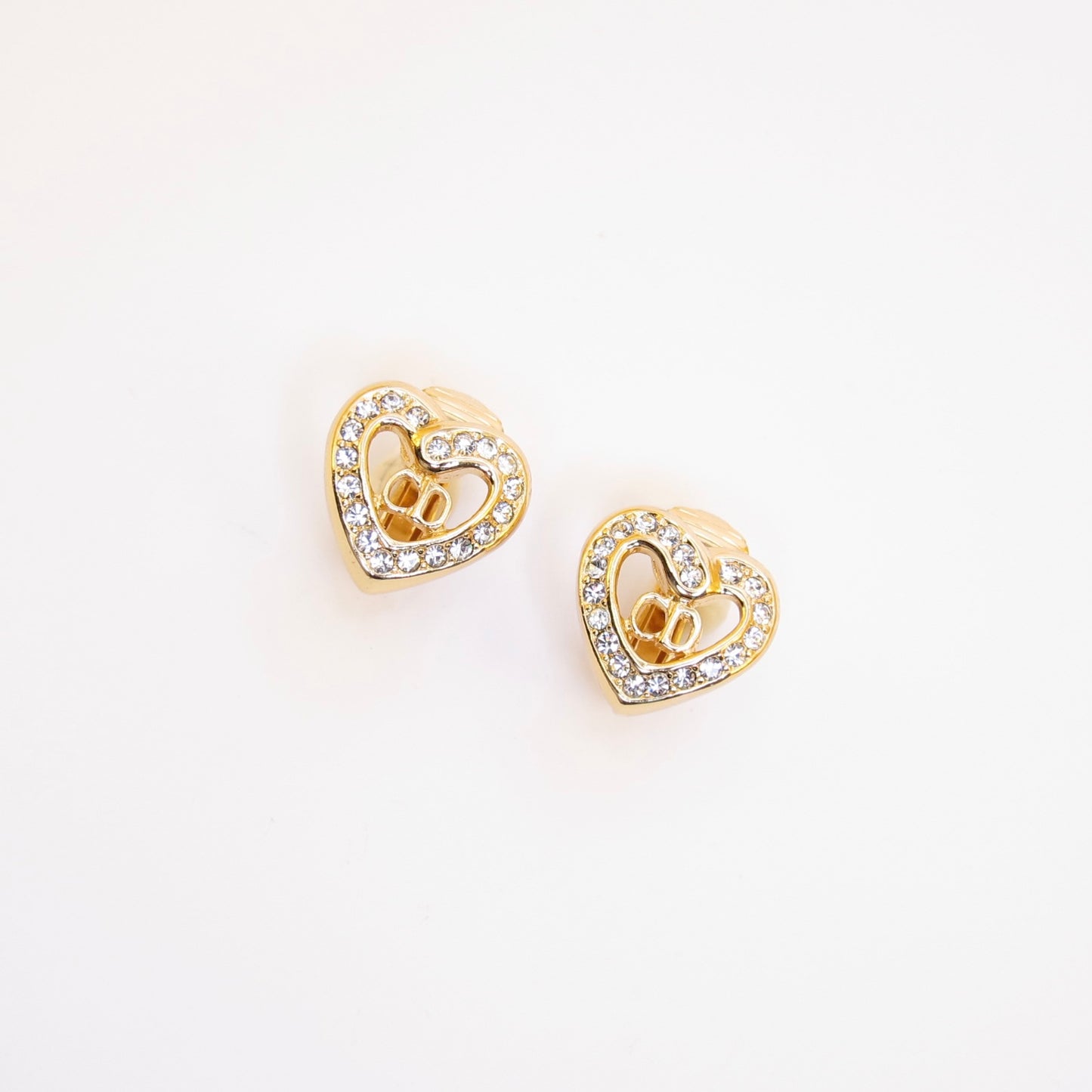 Christian Dior Vintage CD Logo in Heart with Rhinestone Golden Clip-on Earrings