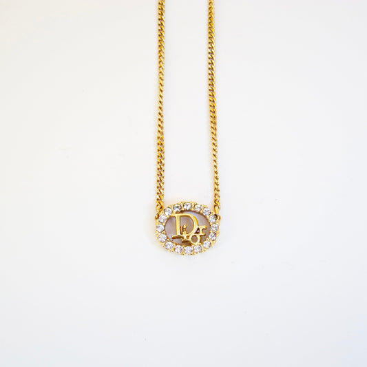 Christian Dior Vintage Dior Logo in Oval Shape with Rhinestone Golden Necklace